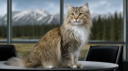 Majestic feline resting on a table with mountain backdrop and forest scenery in a serene indoor environment