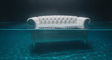 Submerged Sofa Underwater Furniture Photography, Surreal Underwater Scene, Conceptual Art Image