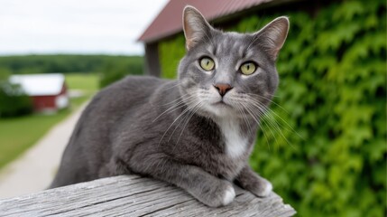 Grey Cat Relaxing on Fence Post with Greenery Background in a Rural Setting