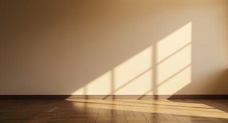 Sunlight streaming through window onto empty room, illuminating beige wall and hardwood floor.