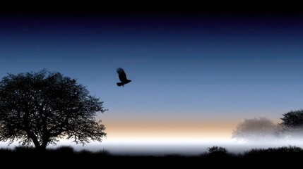 Serene Morning Landscape with Silhouette of a Bird Flying Against an Ethereal Horizon and Misty Forest Edges