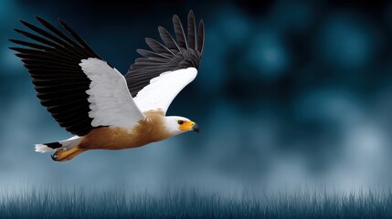 Majestic Bird of Prey in Flight Against a Dramatic Blue Sky Background with Soft Grass Foreground
