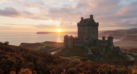 Sunset over Coastal Castle Ruins, Dramatic Ocean View, Historic Architecture, Golden Hour Photography