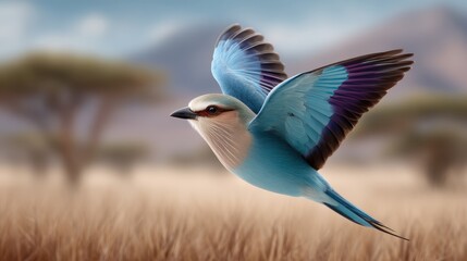 Vibrant Blue Bird in Flight Over Expansive Grassland Against Backdrop of Blurred Mountains and Trees
