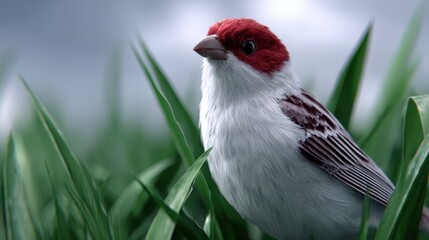 Beautiful small bird with striking red head resting in green grass under moody sky with soft lighting