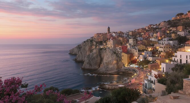 Sunset over coastal town, colorful houses on cliffs, ocean view, twilight, Mediterranean sea, seaside village, vacation destination, idyllic scenery, travel photography, romantic getaway, summer