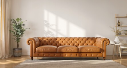 Tan Leather Chesterfield Sofa in Modern Living Room Interior Design