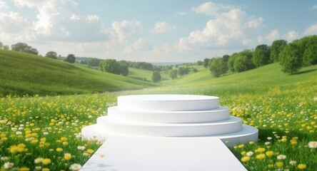 Three-Tiered White Pedestal in a Spring Meadow, Product Display, Showcase, Stage, Podium