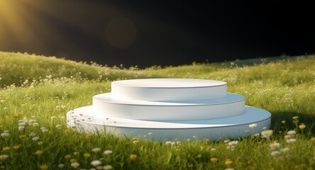 Three-tiered white display platform in a field of wildflowers, product presentation, summer background, mock-up