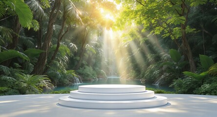 Three-tiered white platform in a lush jungle setting with sun rays streaming through the canopy.