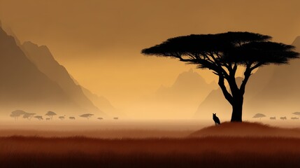 Serene Sunset Landscape with Silhouette of Tree and Animal in Beautiful Natural Environment