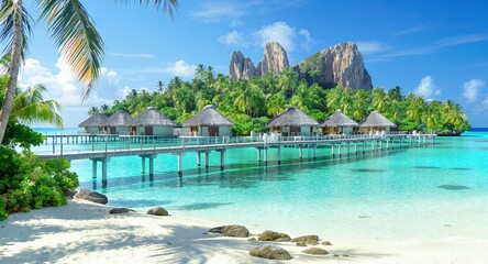 Tropical beach bungalows over turquoise water, idyllic island getaway, vacation paradise, summer holiday