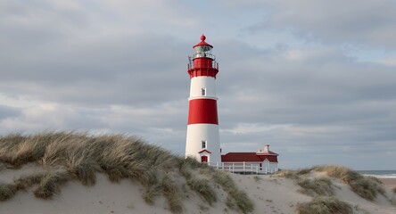 Tall Red and White Lighthouse on Sandy Dune Under Cloudy Sky