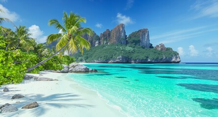 Tropical Beach Paradise White Sand, Turquoise Water, Palm Trees and Lush Green Cliffs