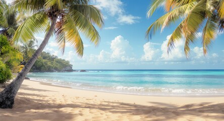Tropical Beach Scene Idyllic Coastline with Palm Trees and Turquoise Water