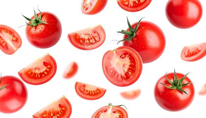 Fototapeta premium Isolated image of fresh, red tomatoes and slices against a white background. Dewdrops add visual interest. Scattered arrangement