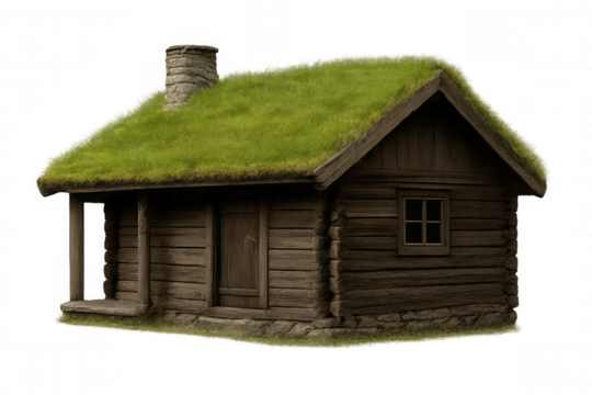 Small wooden cabin with grass growing on the roof, featuring a stone chimney and a transparent background