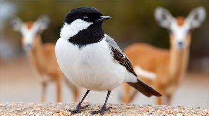 Close-up of a small bird with black and white plumage standing near two blurred deer in a natural habitat