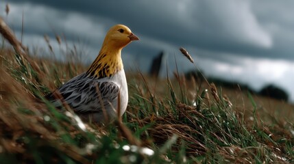 Vibrant Bird with Yellow Head and Spotted Body Standing in Lush Green Grass Against a Dramatic Cloudy Sky