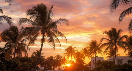 Tropical Sunset with Palm Trees and Buildings Silhouette