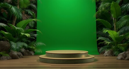 Two-tiered wooden podium in lush tropical setting with green backdrop