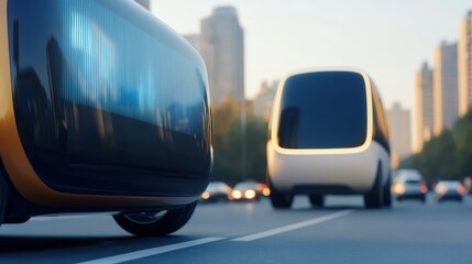 Futuristic Electric Vehicles on Urban Street with Cityscape Background and Sunset Lighting