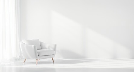 White armchair in minimalist bright interior, modern furniture design, sunlit room, empty wall space for text or mockup