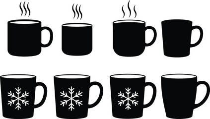 Black Winter Coffee and Tea Mug Icon Set with Steam and Snowflake Symbols – Vector Silhouette Design for Seasonal Beverage Concepts