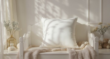 White Pillow Mockup on White Bench with Neutral Decor, Sunlit Room, Soft Textures, Cozy Atmosphere