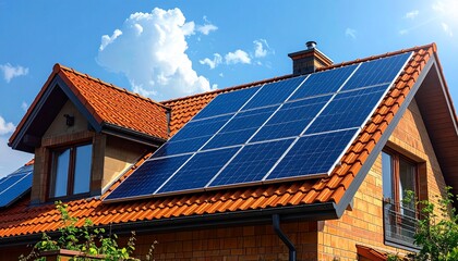 Fototapeta premium Solar Panels, Renewable Energy in Residential Building, Solar panels on a tiled roof contrasted against a vivid blue sky with fluffy white clouds