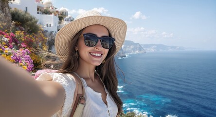 Woman taking a selfie by the sea with flowers and coastline in the background