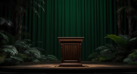 Wooden podium on a stage with tropical plants and green backdrop.