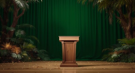 Wooden Podium Stage with Tropical Plants and Green Drape Background for Presentation, Product Display or Announcement