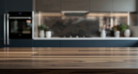 Wooden Tabletop in Modern Kitchen Setting, Product Display Mockup, Empty Surface for Food or Drink Presentation