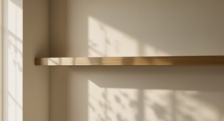 Wooden Shelf with Sunlight Shadow on Beige Wall Minimalist Home Decor Stock Photo