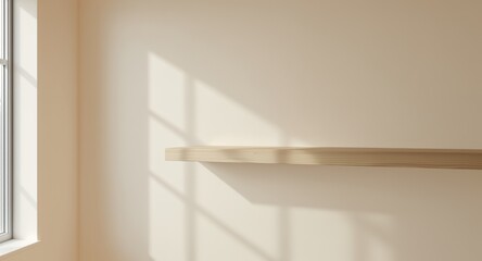 Wooden Shelf in Minimalist Interior with Sunlight Shadows