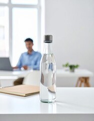 Hydration at the Office: A Clear Water Bottle on a White Desk, Water Bottle and Work Environment, Promoting Workplace Wellness