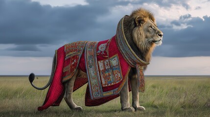 A majestic African lion dressed in traditional Maasai tribal clothing, cinematic lighting, cultural representation