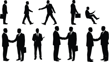 Businessmen silhouettes shaking hands, walking, standing, and communicating in office settings, representing professional corporate interaction, teamwork, partnership, and negotiation