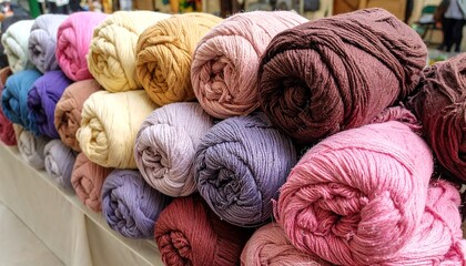 Colorful yarn rolls stacked on a table
