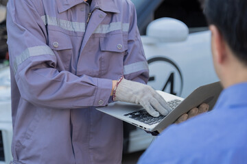 Garage small business or car insurance, middle-aged man calling for help while checking car engine, roadside situation reflecting breakdown problem, urgent communication for mechanical assistance