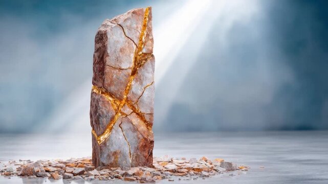 Kintsugi Stone: a Symbol of Resilience, Capturing the Delicate Beauty of Transformation with a Single Kintsugi Stone, Showing the art of embracing flaws, creating something stronger.