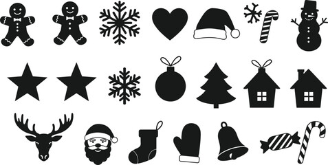 Christmas holiday vector icons collection with festive elements like Santa, snowflakes, gingerbread, decorations, and winter celebration symbols.