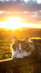 Fluffy cat at sunset