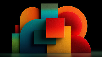 Abstract geometric shapes in vibrant colors, 3D rendering, modern art style, high contrast