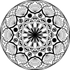Intricate Black and White Mandala Design Detailed monochrome mandala with symmetrical floral and geometric patterns, ideal for artistic apparel and meditation-themed fashion pieces