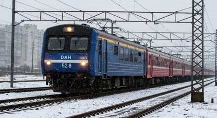 Obraz premium Winter Train Journey: Blue and Red Train traversing through a Snowy Landscape
