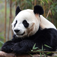 Fototapeta premium Close-up of a panda bear resting, eating bamboo