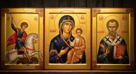 Religious icon triptych featuring st george mother mary and st nicholas © bangku