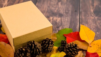 Gift box surrounded by autumn leaves and pine cones